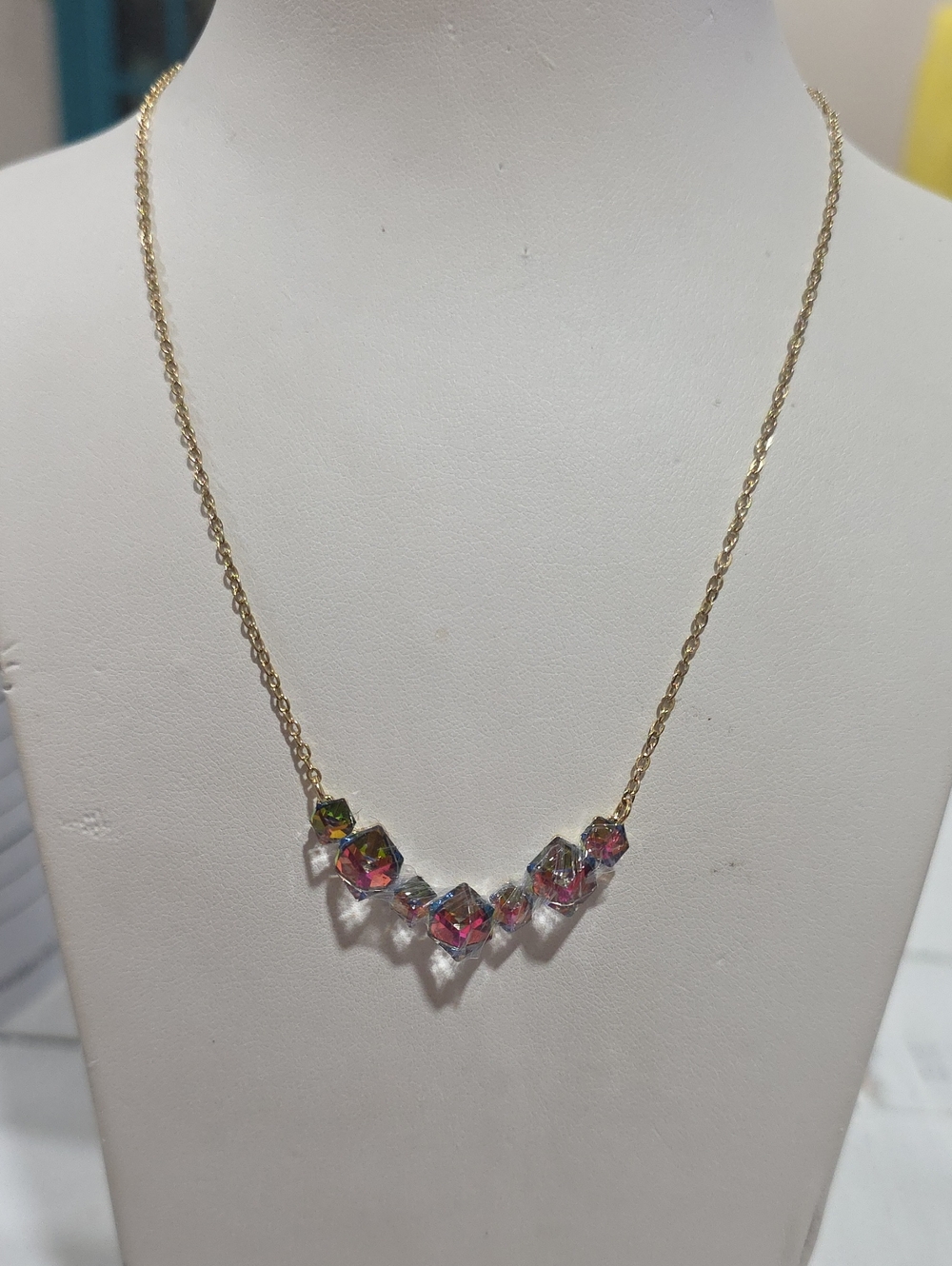 14k Gold Plated Chain Necklace with Multicolor Crystal Cubes